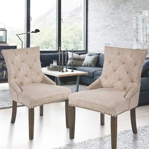 Chaises de salle à manger modernes de luxe, style mi-siècle, élégantes, en tissu beige, avec dossier capitonné et accents cloutés, en caoutchouc massif, mobilier de maison - Product Image 1