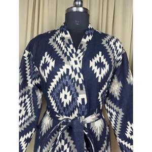 Cozy Winter Romance Yak Wool Blend Women <b>Kimono</b> Robe Blue Diamond Print <b>Cardigan</b> House Coat with Quirky Pockets Soft ODM Supply - Product Image 2