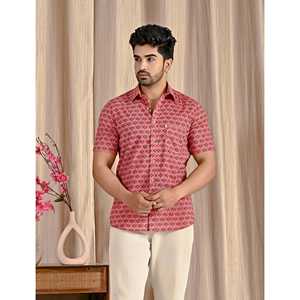 Chemise décontractée pour homme en coton pêche imprimé, col montant, manches courtes, tissu popeline respirant, taille 6XL - Product Image 1