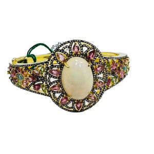 925ชุบทองวินเทจกำไลข้อมือเงินเพชรสำหรับงานหมั้นครบรอบงานปาร์ตี้กำไลข้อมือโอปอลทัวร์มาลีนตัดทรงรี - Product Image 1