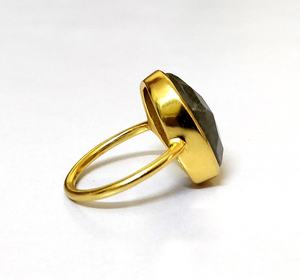 แหวนหินลาบราดอไลท์ธรรมชาติ12X16มม.,แหวนหินใหญ่ทำจากทองเหลืองชุบทอง - Product Image 2
