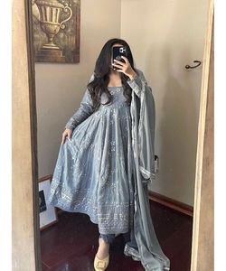 Bordado trabajo borde nueva colección última manga Regular harina longitud barco cuello vestido largo para mujer Ropa Étnica ropa - Product Image 4