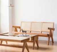 MANISH ART HANDICRAFTS Banc trois places en bois massif avec rembourrage en mousse, dossier coussiné, style Mid-Century Modern, pour salon et mobilier de parc