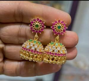 Boucles d'oreilles élégantes en zircon cubique Jhumki avec finition mate Bijoux ethniques traditionnels pour femmes, parfaits pour les festivals, les tenues de fête - Product Image 3