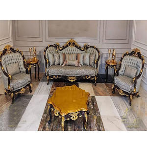 Conjunto de sofá tallado tradicional en madera de teca, conjunto de sofá de diseño de 5 asientos con esmalte negro y dorado, conjunto de sofá tallado de Maharaja con Rosa real - Product Image 1