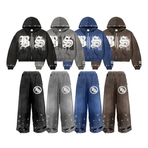 Wholesale Heavyweight Distressed Tracksuit Unisex <b>Embroidery</b> Patch Pullover Acid Washed Oversize Men Suit Streetwear Casual <b>Set</b> - Product Image 2
