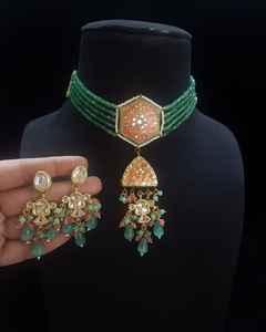 Conjunto de joyas étnicas de piedra Kundan, ropa de fiesta de Boda nupcial india, Gargantilla Kundan, collar, pendientes largos, compromiso, aniversario - Product Image 4