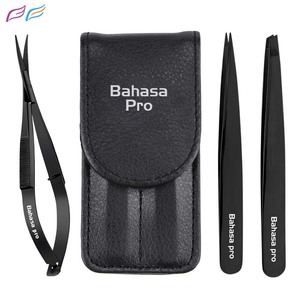 Pinces à épiler noires inclinées en acier inoxydable, pinces à épiler pointues, outil, logo personnalisé, ciseaux à ressort, 3 pièces, outils par Bahasa Pro - Product Image 1
