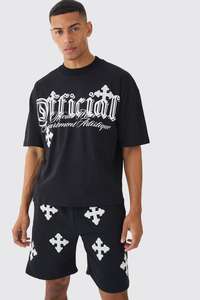 Recién llegado, camiseta desgastada con apliques cruzados de gran tamaño y conjunto corto, conjunto a juego, ropa de hombre, conjunto doble de verano - Product Image 5