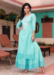 Kurti สําหรับผู้หญิงและเด็กผู้หญิงที่สวยงามนักออกแบบชุดลําลองผู้หญิงสีเขียวทะเลเย็บปักถักร้อย Anarkali Kurta - Product Image 2