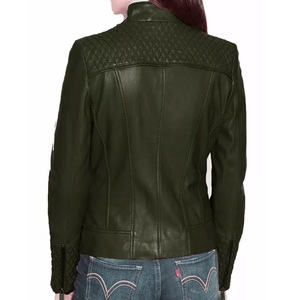 แจ็กเก็ตหนังขี่มอเตอร์ไซค์สำหรับผู้หญิงเสื้อแจ็คเก็ตนักขี่จักรยานหนังแกะแท้สีชมพู - Product Image 6