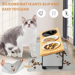 Bols surélevés écologiques pour chat Support en bambou naturel 3 plats en céramique Conception inclinée à 15 degrés pour une consommation optimale d'eau pour chat - Product Image 6