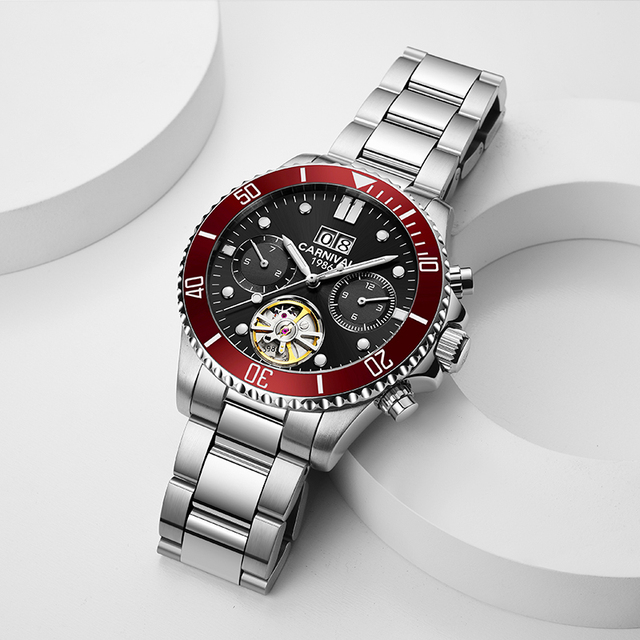 Carnival Luxury Automatic Skeleton Watch 41mm Dial Transparent Case Back Leather Band Custom OEM Logo Service