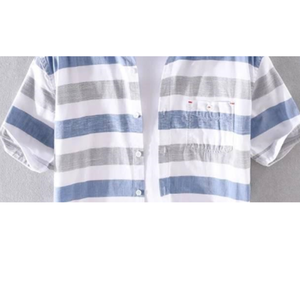 Camisa Casual de Manga Corta a Rayas para Hombre, Cuello Regular con Bolsillo Delantero con Botones, Tejido de Lino/Algodón Teñido en Hilo - Product Image 2