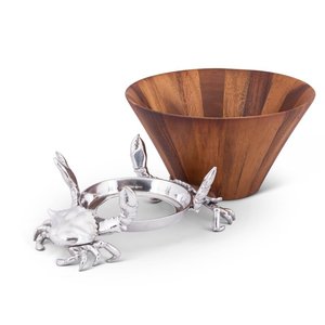 AK Brass Round <b>Wooden</b> <b>Salad</b> <b>Bowl</b> In Walnut Color With Metal Crab Design Stand For Hotelware / Tableware Ornaments - Product Image 1