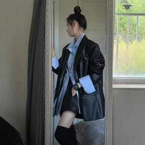 2024 nouveau Style femmes en cuir véritable veste coupe ample décontracté élégant haut de gamme sensation haut coréen Vintage noir veste - Product Image 1