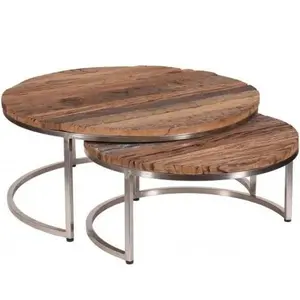 ชุดโต๊ะกลมแบบเคลือบเงาธรรมชาติสองชุดไม้ตกแต่งบ้านเฟอร์นิเจอร์โต๊ะกาแฟที่มีคุณภาพที่ยั่งยืน