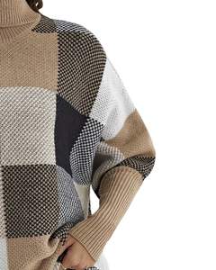 Women Beige Brown <b>Black</b> White Checkered Turtleneck Sweater Winter Knitted <b>Long</b> Sleeve Casual Pullover Fashion Top For Women - Product Image 2