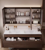 Mueble de Baño Moderno Flotante con Chapa de Madera, Espejo LED, Lavabo Doble y Encimera de Piedra Sólida