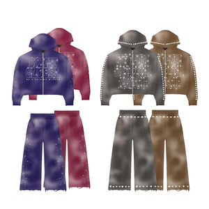 <b>Embroidery</b> Logo Full Zip up Hoodies Men Streetwear Custom Heavyweight Print Tracksuit Acid Wash Distressed Rhinestone Tracksuit - Product Image 4