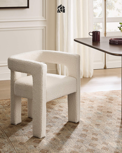 Sillón de Comedor Moderno Tapizado en Tela Blanca con Estructura de Madera de Teca Sólida, Brazos Redondeados y Robustos, Mueble para Hogar, Hotel o Restaurante - Product Image 6