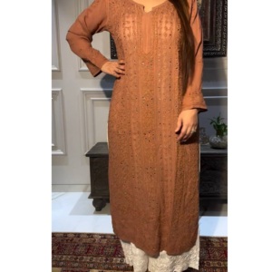 Haute qualité élégant ethnique femmes Kurta Plazzo ensemble avec broderie feuille fil travail été spécial confortable fête porter - Product Image 3