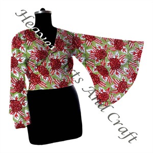 Best Quality Women Deep V Tie Up Long Bell Sleeve <b>Shirt</b> Casual Cotton Wrap Tie Top Blouse Summer Hand Block Print Top - Product Image 4