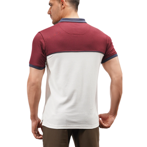 เสื้อโปโลผู้ชายสีทูโทน สีแดงเลือดหมูและสีขาว สไตล์ลำลองทันสมัย คอเสื้อตัดสี ผ้าฝ้ายสวมใส่สบาย แขนสั้น - Product Image 3