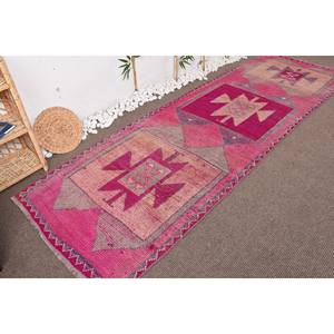 Alfombra de retazos de lana Vintage de 3,4x11 pies, respaldo de látex rosa y beige, rectángulo y patrón de rompecabezas para sala de estar o pasillo - Product Image 3