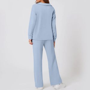 Drop Shoulder 2-Piece Casual Loungewear Sets Solid Quarter Zip Pullover Sweatshirts with Wide Leg Sweatpants for Autumn Season - Product Image 2