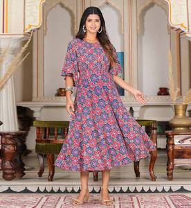 Vestido Anarkali con Estampado Floral en Rayón, Mangas Acampanadas y Cuello Redondo para Mujer, Estilo Étnico Elegante y Colorido - Product Image 4