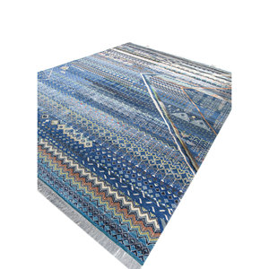 Tapis en laine et soie de bambou noué à la main à motif géométrique bleu Freedom Manchaha pour la décoration de la maison et du salon - Les-8328 - Product Image 2