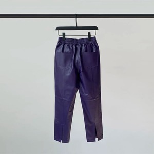 Pantalones Dividir Cintura Elástica Retro Genuino Pantalones de Cuero de Oveja Mujer Era Pantalones Delgados de Cuero Real con Bolsillos - Product Image 2