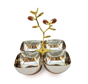 Deux bols argentés en acier inoxydable de haute qualité avec poignée attachée à la fleur dorée en vrac pour l'exportation - Product Image 5