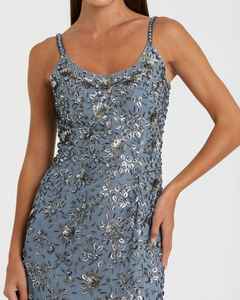 Robe de soirée de mariage de cocktail longue en A-line grise à fleurs sans manches avec col rond et perles de sequins 100% polyester - Product Image 1