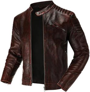 Veste d'hiver pour homme en cuir pleine fleur véritable de luxe rouge brun, imperméable, avec décoration en fourrure, poche, style streetwear - Product Image 2