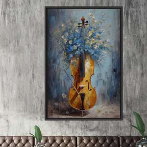 Romantic Cello & Floral Bouquet Canvas Print - Elegant Yellow & Blue Art,BLACK <b>FRAMED</b> CANVAS - Product Image 1