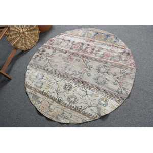 Turkish Round Rug 4.4x4.5 ft, White <b>Red</b> Animal Print Rug <b>Wool</b> - Product Image 1