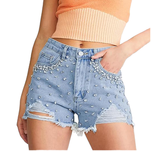 Shorts en jean déchiré à strass tissés, taille haute, avec franges et poches, pour femme, style décontracté, streetwear d'été - Product Image 5