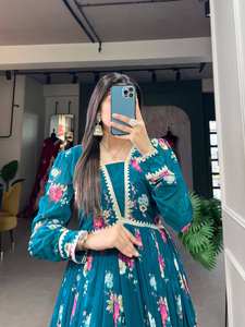 Robe de soirée imprimée Georgette bleue Anarkali avec Dupatta, robe longue de créateur pour femme, robe ethnique indienne pour mariage - Product Image 5