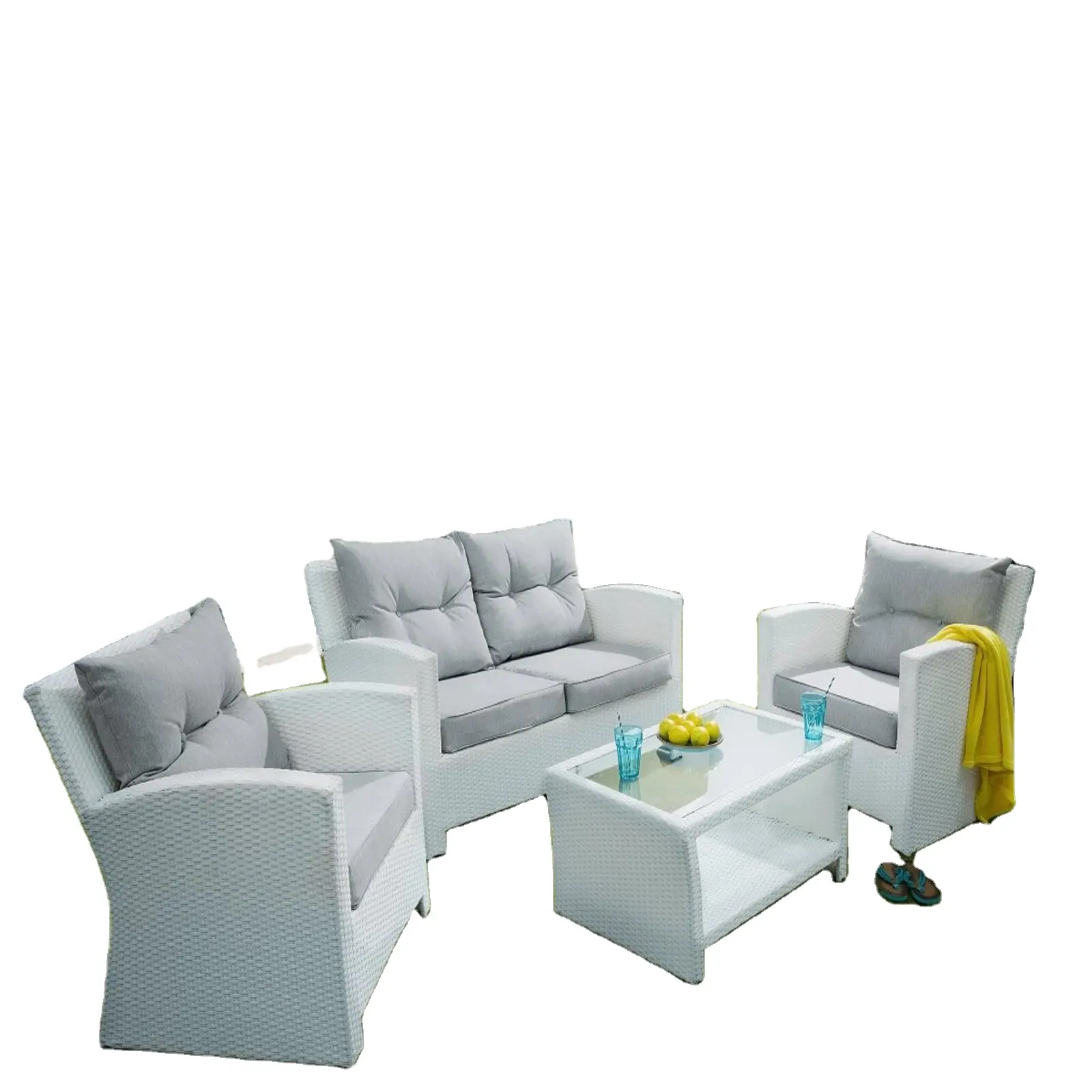 Sản Phẩm Việt Nam Chất Lượng Cao SOFA Ngoài Trời 1 Sofa 2 Chỗ Ngồi, 2 Ghế Bành, 1 Bàn Hình Chữ Nhật Làm Bằng Mây