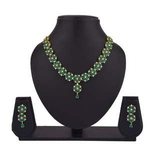 Bijoux de mariage indien Designer boucle d'oreille plaqué or strass floral CZ cristal mariée boucles d'oreilles ensemble de bijoux, vert - Product Image 2