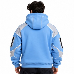 <b>Mens</b> Sky Blue Hoodie <b>Grey</b> Contrast Panels Sleeve Zipper Pockets White Piping Pullover Streetwear Polyester/Cotton Fleece XS - Product Image 2