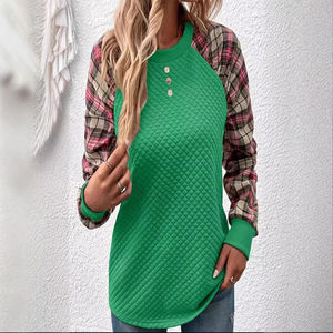 Sudadera informal de cuello redondo de manga larga empalmada a cuadros de diamantes de moda para mujer europea y americana 2025 - Product Image 1