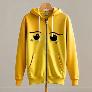 Sudadera con Capucha y Cierre de Cremallera con Estampado de Ojos de Dibujos Animados Amarillos para Hombre, Corte Regular Informal, Tejido de Poliéster, Ropa de Otoño - Product Image 4