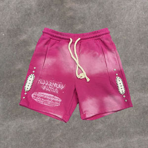 <b>Men's</b> Vintage Washed <b>Shorts</b> Custom Streetwear with Rhinestone Logo Print 100% Cotton Eco-Friendly Solid <b>Pattern</b> - Product Image 1