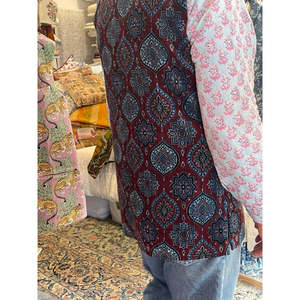 jacketMen's Velvet and Cotton Lining Nehru Jacket with Hand Drawn Ajrakh Printing Indian & Pakistani Ethnic Style Casual Regular - Product Image 5