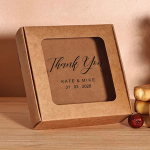 Scatola Regalo in Carta Kraft con Logo Personalizzato e Finestra, Scatole per Confezioni Regalo con Nome e Data Personalizzati Stampati per <span class=keywords><strong>Bomboniere</strong></span> Matrimoniali - Product Image 6