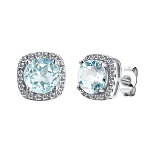 2022 New Natural Gemstone Blue Topaz Jewelry 925 Sterling Silver Halo Square Stud Earrings For Women Destiny Jewellery