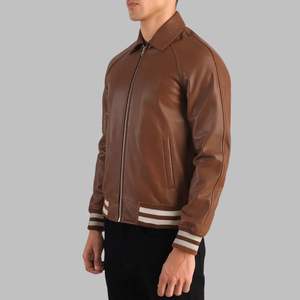 Venta al por mayor de fábrica personalizado para hombre oscuro Walton marrón piel de oveja estilo universitario bombardero Letterman chaqueta con cremallera frontal - Product Image 2